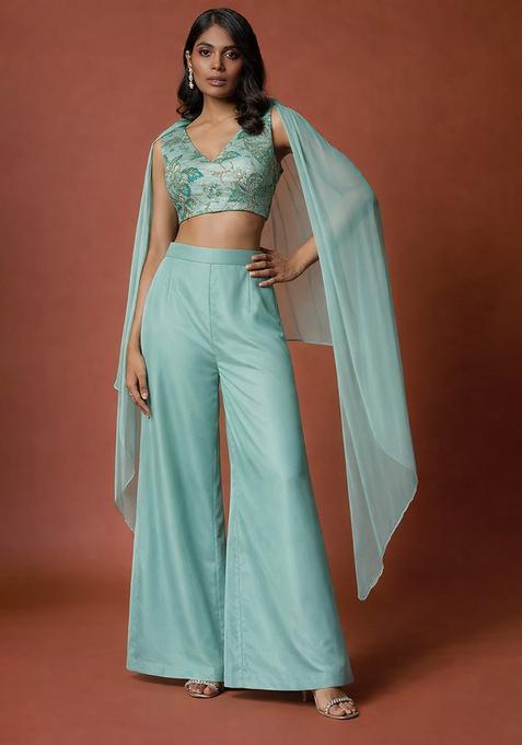 Aqua Blue Embroidered Crepe Fusion Set