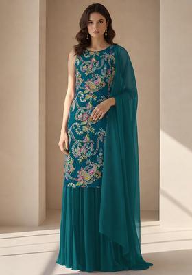 Teal Blue Embroidered Crepe Sharara Set