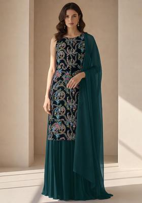 Teal Blue Embroidered Crepe Sharara Set