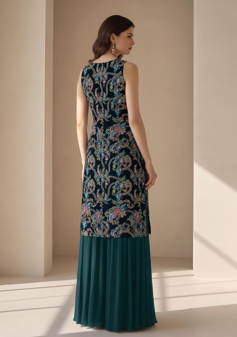 Teal Blue Embroidered Crepe Sharara Set - Indya