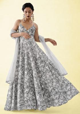 Light Grey Floral Print Crepe Anarkali With Dupatta
