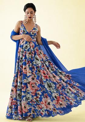 Blue Floral Print Crepe Anarkali With Dupatta