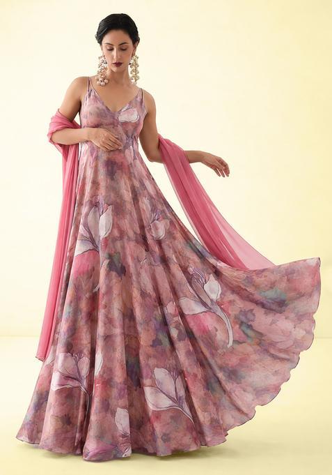 Pink Floral Print Crepe Anarkali With Dupatta