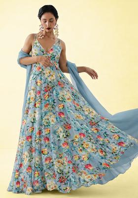 Ice Blue Floral Print Crepe Anarkali With Dupatta