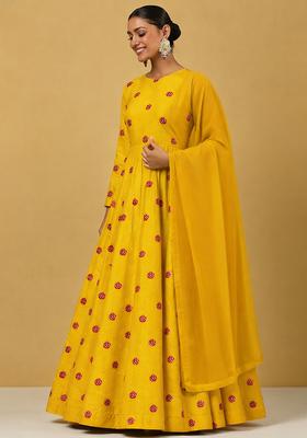 Dark Yellow Printed Satin Anarkali With Dupatta