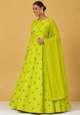 Bright Green Printed Satin Anarkali With Dupatta