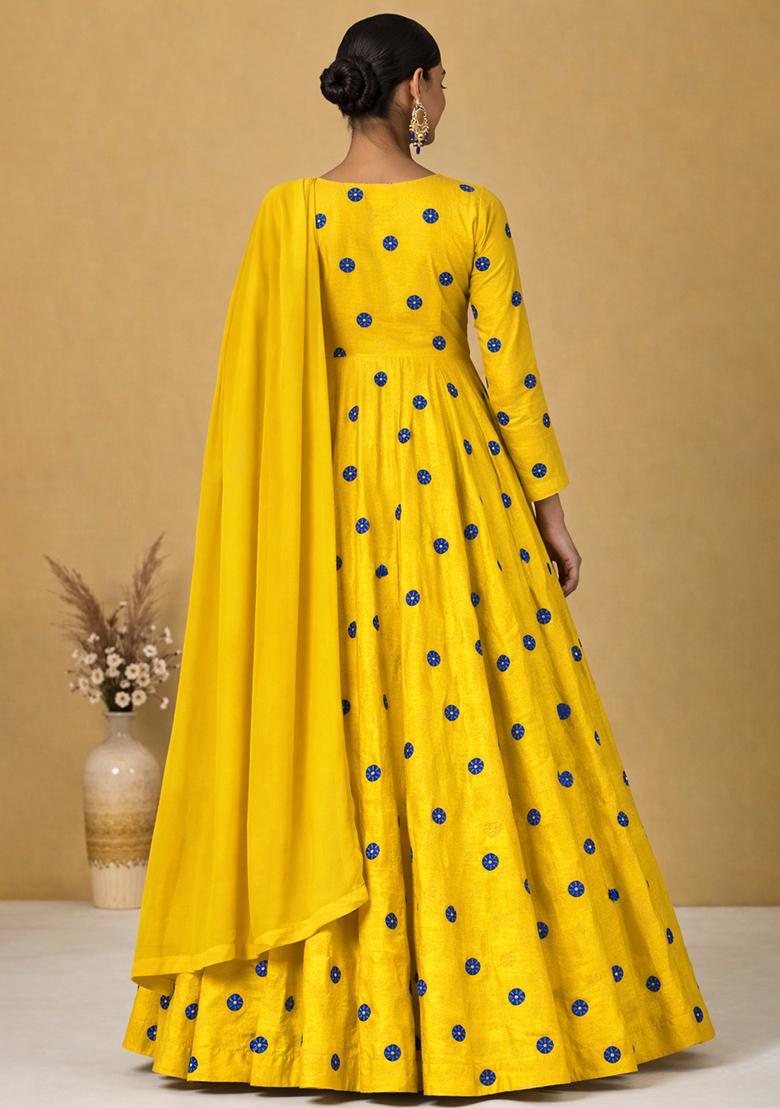 Yellow Printed Satin Anarkali With Dupatta - Indya