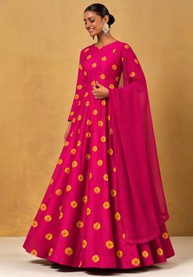Rani Pink Printed Satin Anarkali With Dupatta