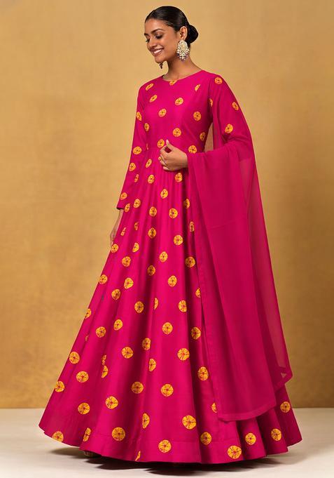 Rani Pink Printed Satin Anarkali With Dupatta