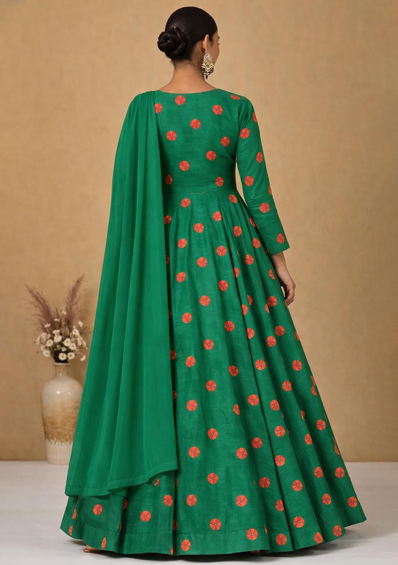 Dark Green Printed Satin Anarkali With Dupatta - Indya
