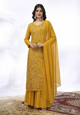 Mustard Embroidered Crepe Sharara Set