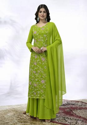 Leaf Green Embroidered Crepe Sharara Set