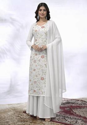 Ivory Embroidered Crepe Sharara Set