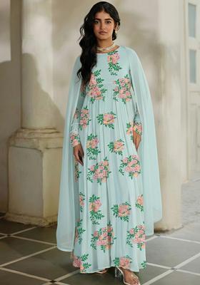 Ice Blue Floral Print Georgette Anarkali With Dupatta