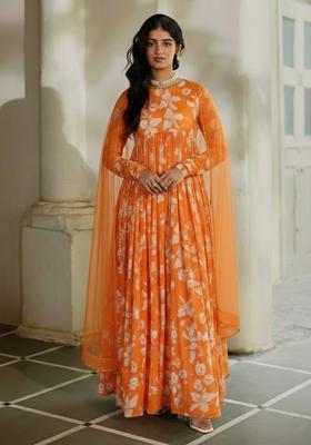 Orange Floral Print Georgette Anarkali With Dupatta