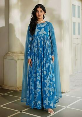 Blue Floral Print Georgette Anarkali With Dupatta