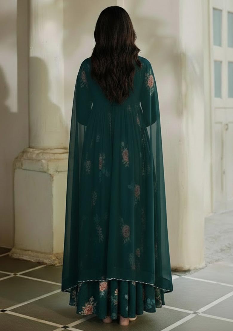 Teal Green Floral Print Georgette Anarkali With Dupatta - Indya