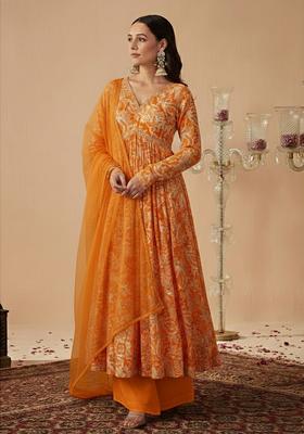 Orange Floral Print Chinon Anarkali Set