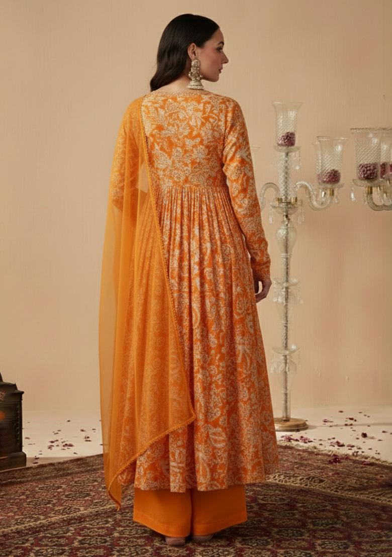 Orange Floral Print Chinon Anarkali Set - Indya