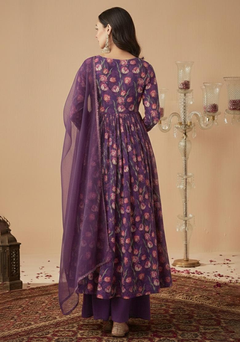 Purple Floral Print Chinon Anarkali Set - Indya