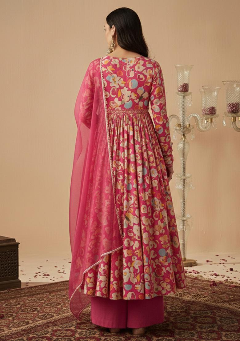 Pink Floral Print Chinon Anarkali Set - Indya