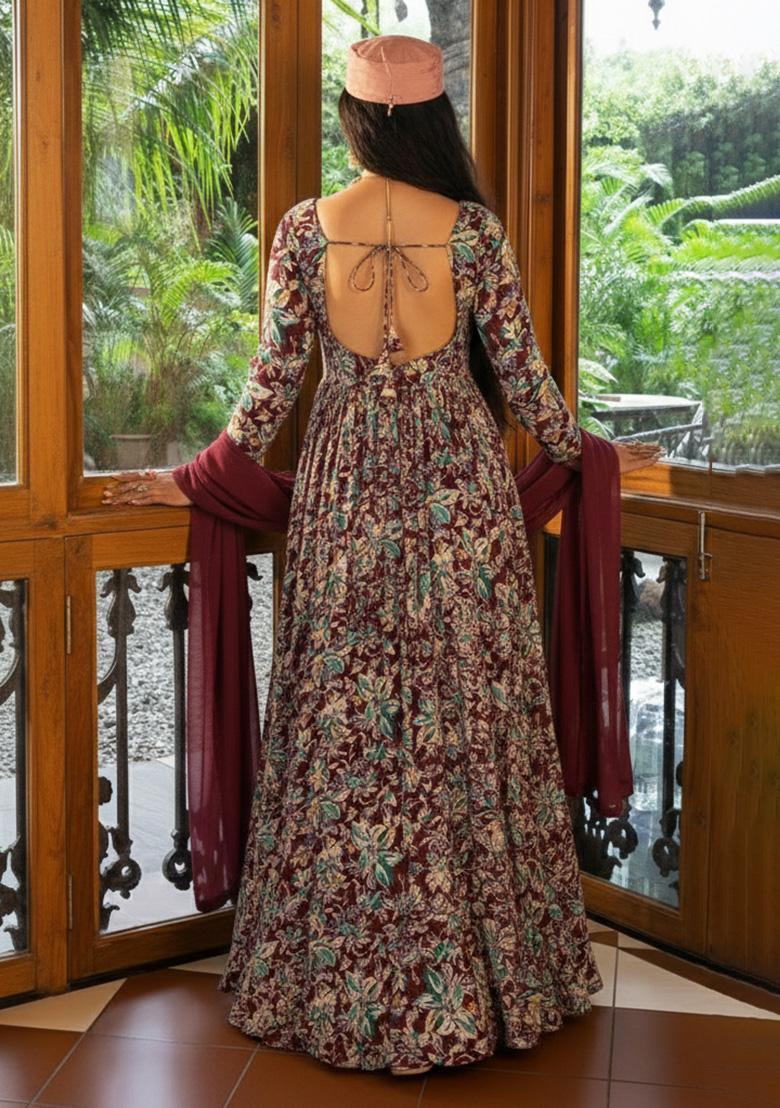Wine Floral Print Satin Anarkali With Dupatta - Indya