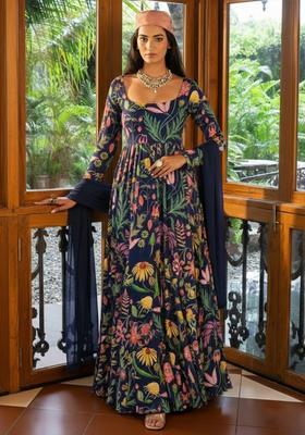 Navy Blue Floral Print Satin Anarkali With Dupatta
