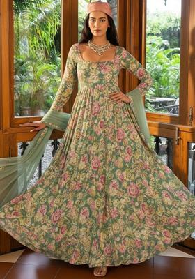 Sage Green Floral Print Satin Anarkali With Dupatta