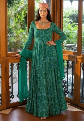 Bottle Green Floral Print Satin Anarkali With Dupatta