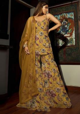 Yellow Floral Print Silk Blend Sharara Set