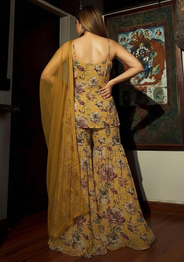Yellow Floral Print Silk Blend Sharara Set - Indya