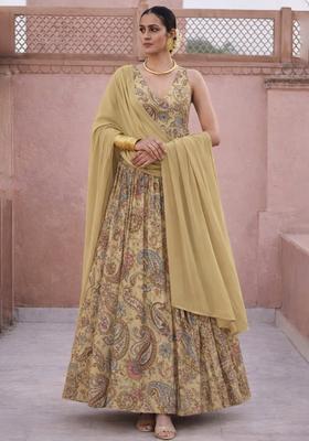 Yellow Embroidered Crepe Anarkali With Dupatta