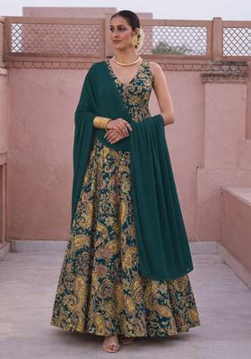 Teal Blue Embroidered Crepe Anarkali With Dupatta