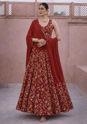 Deep Red Embroidered Crepe Anarkali With Dupatta