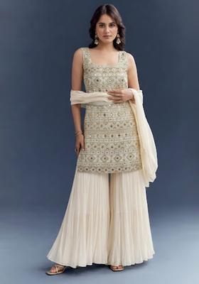 Cream Embroidered Georgette Sharara Set