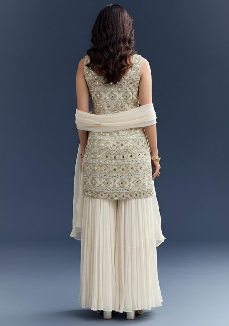 Cream Embroidered Georgette Sharara Set - Indya