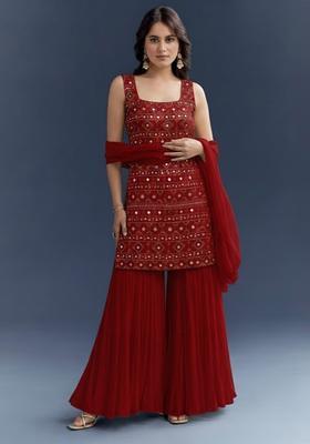 Red Embroidered Georgette Sharara Set