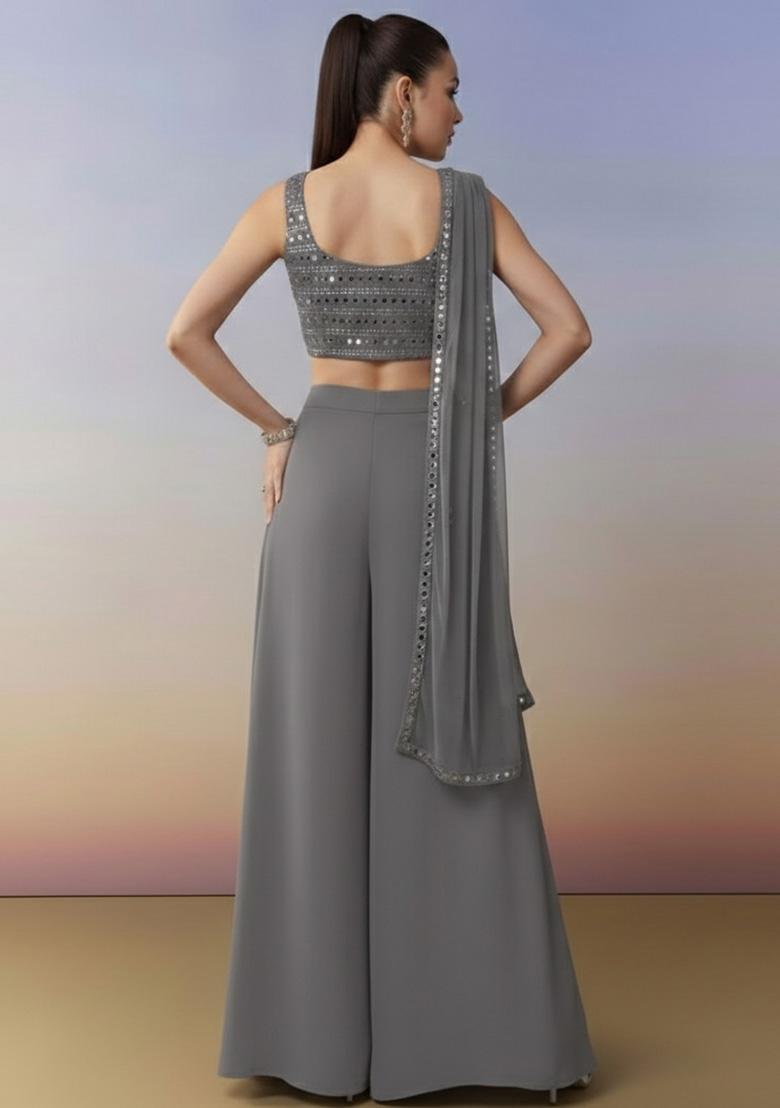 Grey Embroidered Georgette Fusion Set - Indya