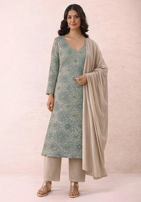 Beige Floral Print Crepe Straight Kurta Set