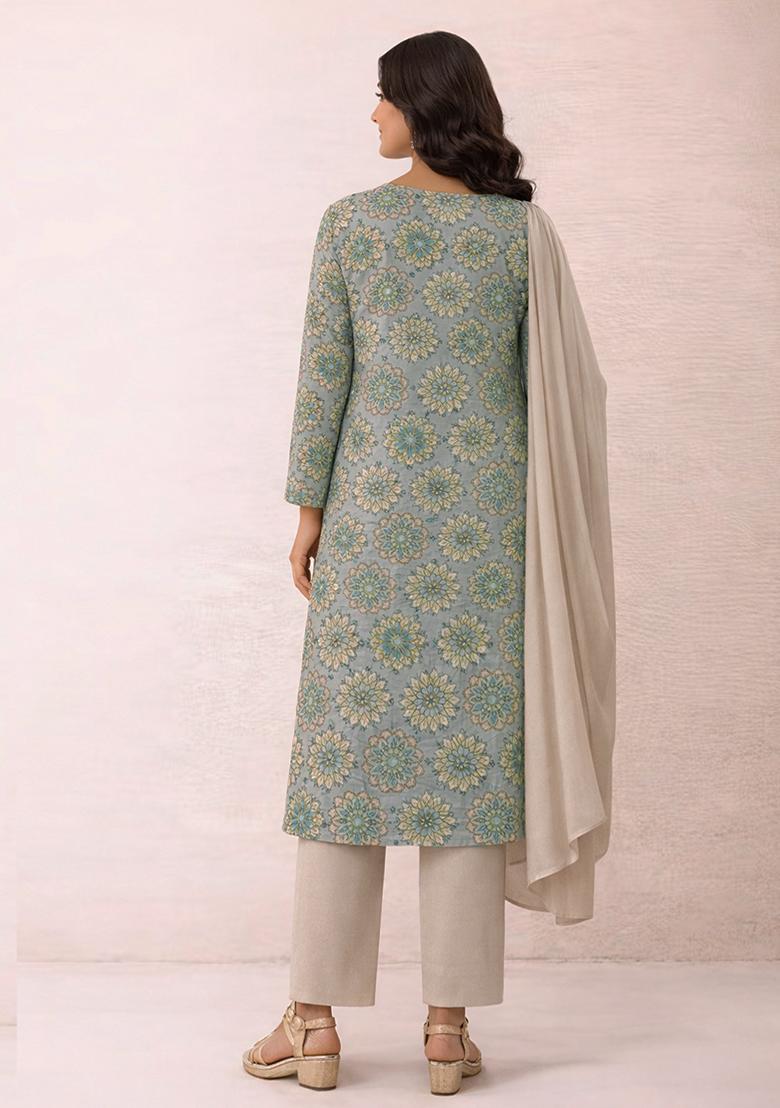 Beige Floral Print Crepe Straight Kurta Set - Indya