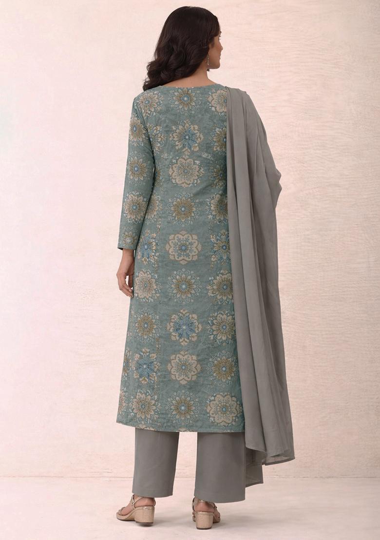 Grey Embroidered Crepe Straight Kurta Set - Indya