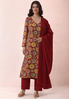 Red Floral Print Crepe Straight Kurta Set