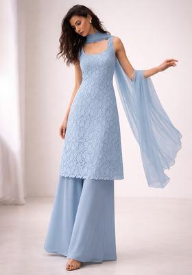 Powder Blue Embroidered Crepe Sharara Set