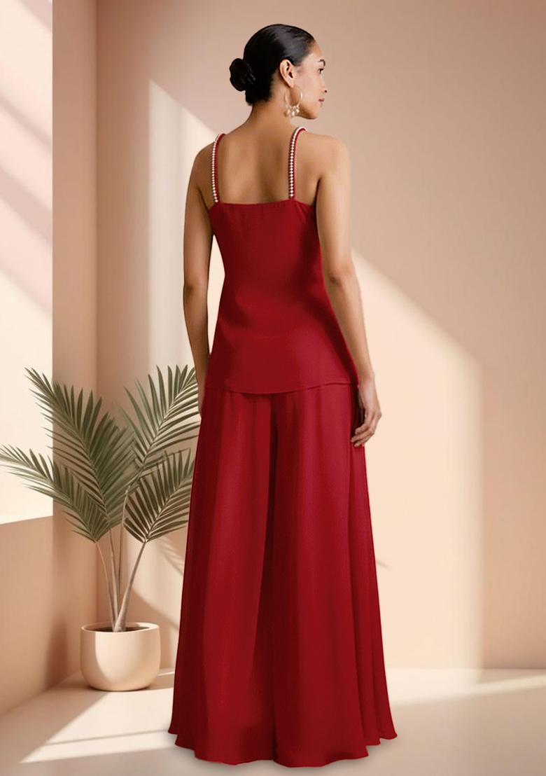 Red Embroidered Net Fusion Set - Indya