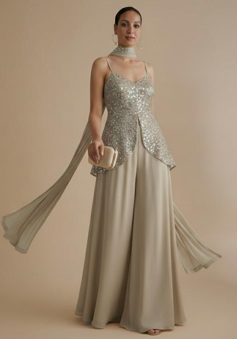 Beige Embroidered Net Fusion Set