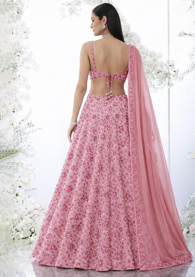 Light Pink Sequin Net Lehenga Set - Indya