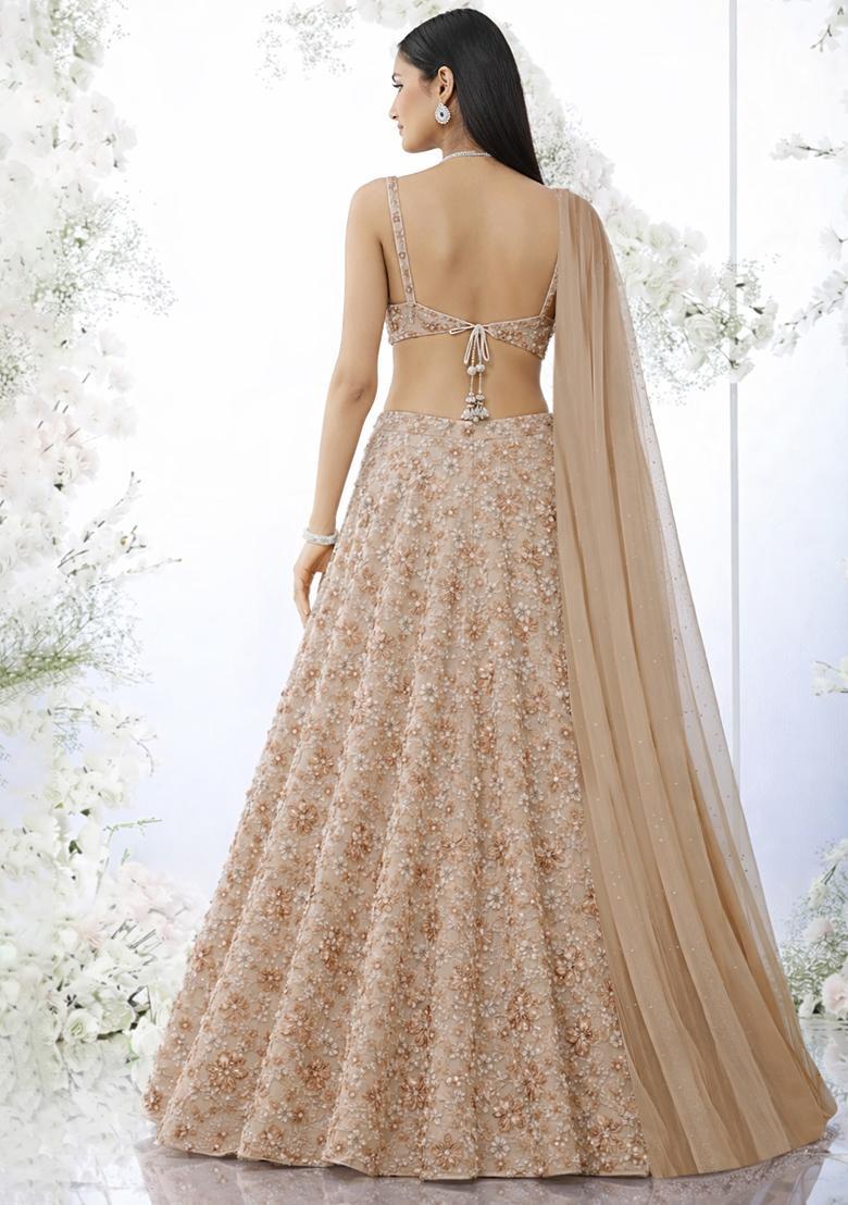 Beige Embroidered Net Lehenga Set - Indya