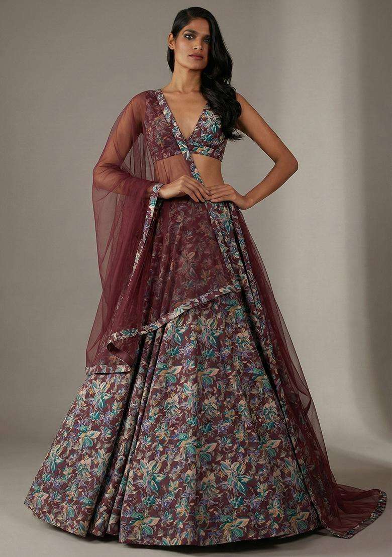 Maroon Floral Print Satin Lehenga Set - Indya