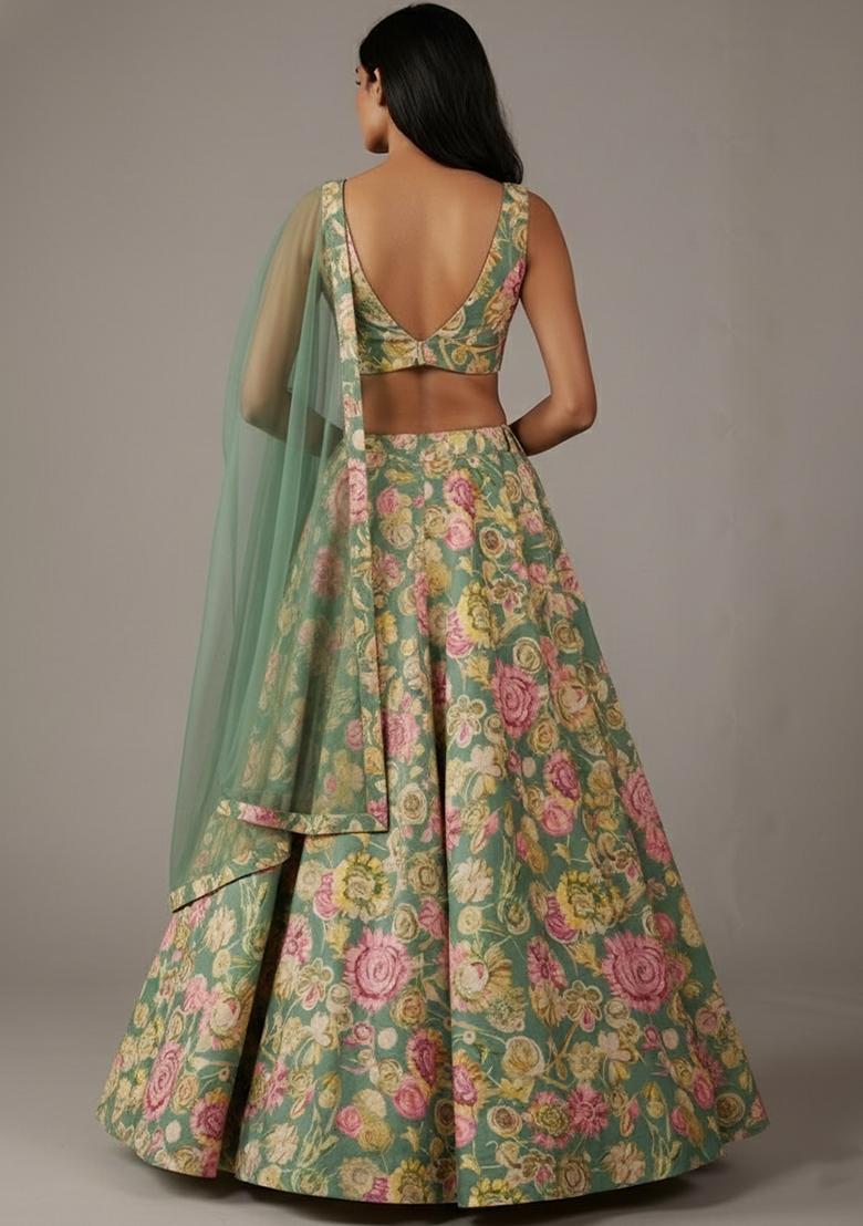 Sage Green Floral Print Satin Lehenga Set - Indya