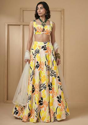 Light Yellow Floral Print Silk Blend Lehenga Set
